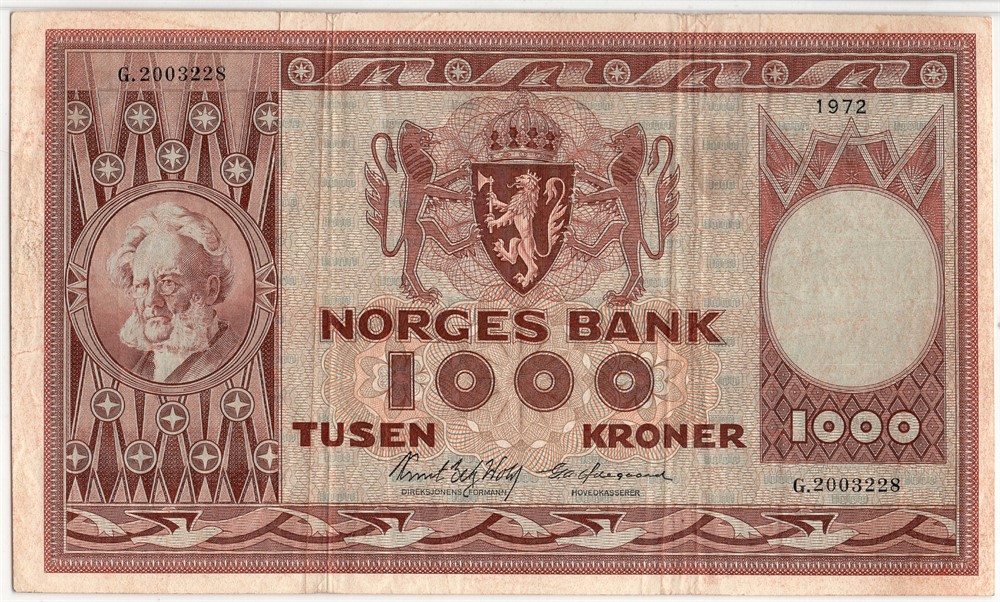 1000 kroner 1972 G.2003228 erstatningsseddel. Kv.1/1+