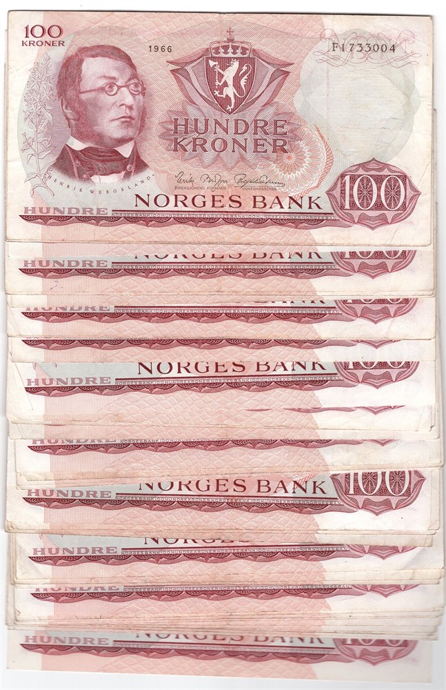 Stor Lot. 100 kroner 1966 E og F. 77 stk. VK