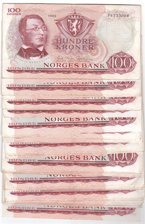 Stor Lot. 100 kroner 1966 E og F. 77 stk. VK