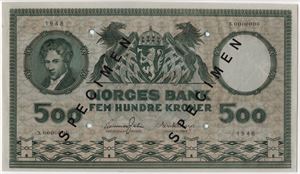 500 kroner 1948 X.0000000 speciemen. Gradert til 64 UNC hos PMG. NP.64. Kv.0/01