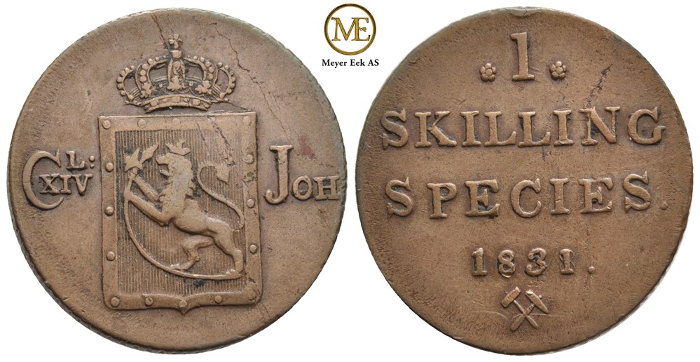 Skilling 1831/28 Carl XIV Johan. Kv.1+