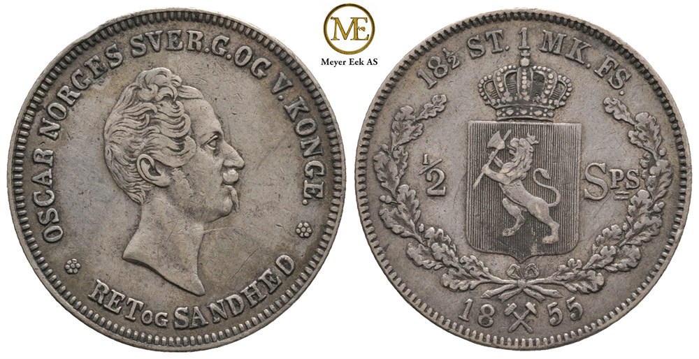 1/2 speciedaler 1855 Oscar I. Kv.1/1+