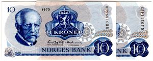 10 kroner 1973 QB og QJ erstatning Kv.0 og 01