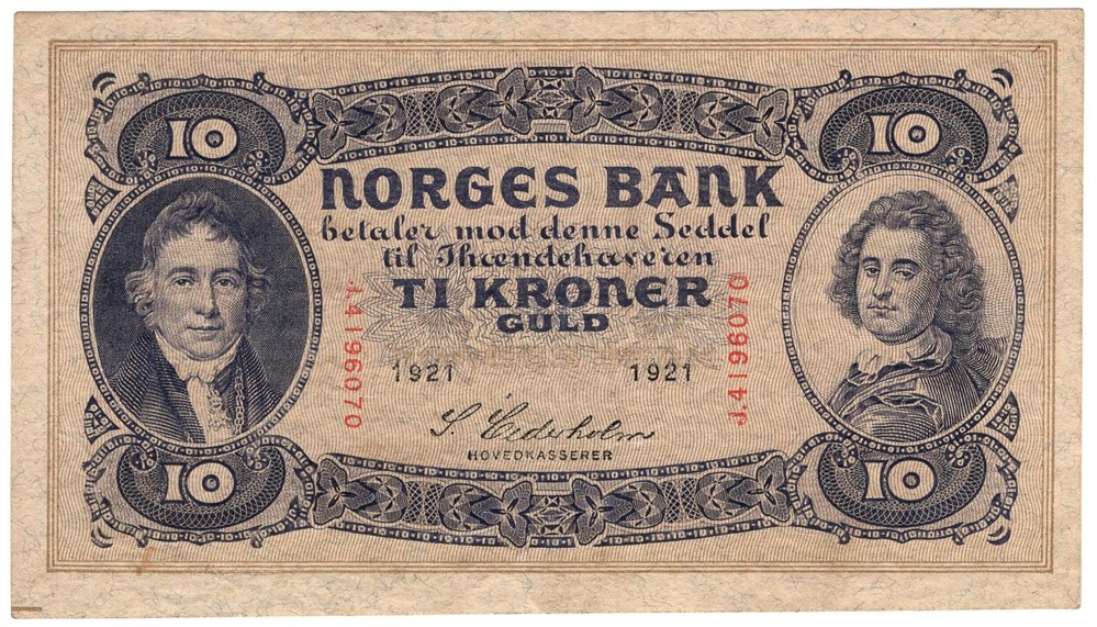 10 kroner 1921 J.4196070. Bredt årstall. Kv.01