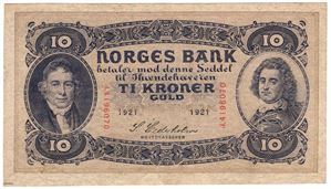 10 kroner 1921 J.4196070. Bredt årstall. Kv.01