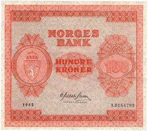 100 kroner 1945 A.0184793. Kv.0