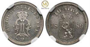 10 øre 1889 Oscar II. MS64. Kv.0