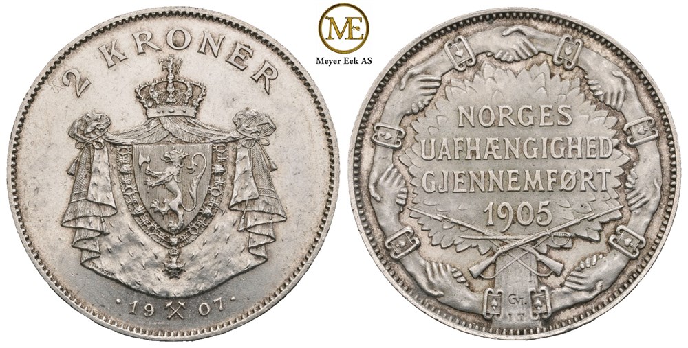2 kroner 1907 Jubileum med gevær. Haakon VII. Kv.0/01