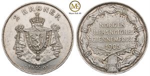 2 kroner 1907 Jubileum med gevær. Haakon VII. Kv.0/01