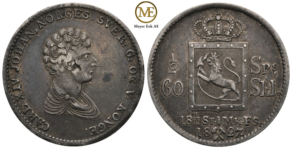 1/2 speciedaler 1827 Carl XIV Johan. Kv.1+