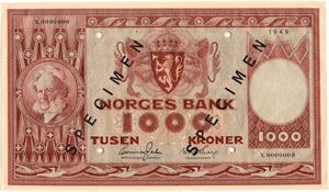 1000 kroner 1949 X.0000000. Specimen. Kv.0