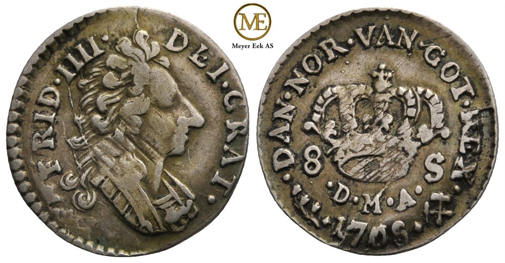 8 skilling 1708 Frederik IV. Kv.1+
