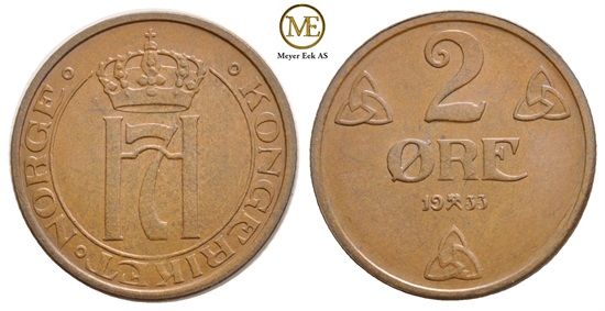 2 øre 1933 Haakon VII. Kv.0