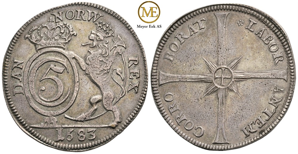 4 mark 1683 Christian V. Dannebrog. Kv.1+/01