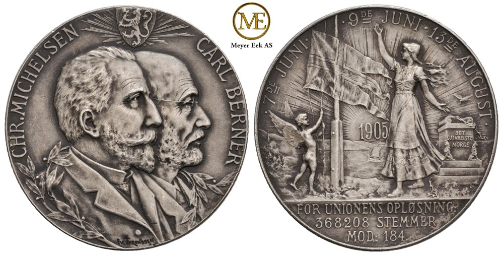 Christian Michelsen & Carl Berner. Unionsoppløsningen 1905. Sølv. 25 mm. Kv.0/01