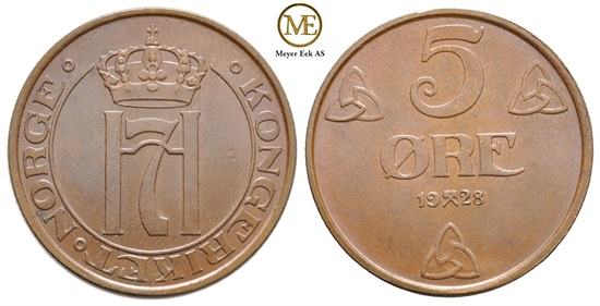 5 øre 1928 Haakon VII. Kv.0