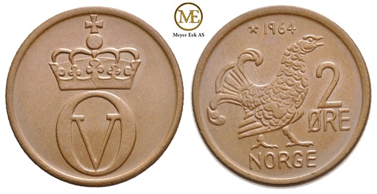 2 øre 1964 Olav V. Kv.0