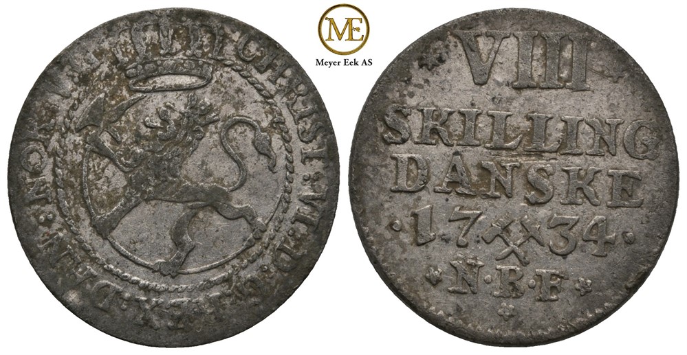 8 skilling 1734 Christian VI. Kv.1+