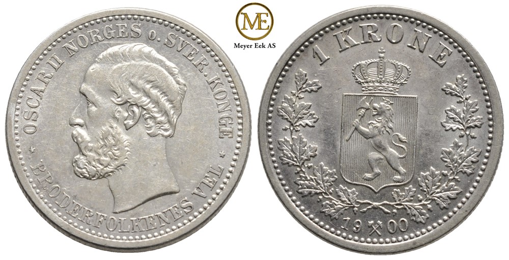 1 krone 1900 Oscar II. Flott på revers. Kv.0/01