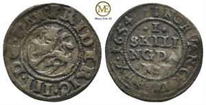 1 skilling 1654 Frederik III. Sjelden. Kv.1+