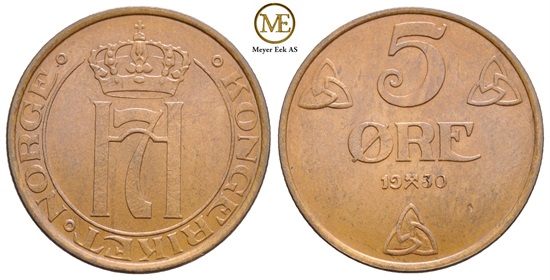 5 øre 1930 Haakon VII. Kv.0