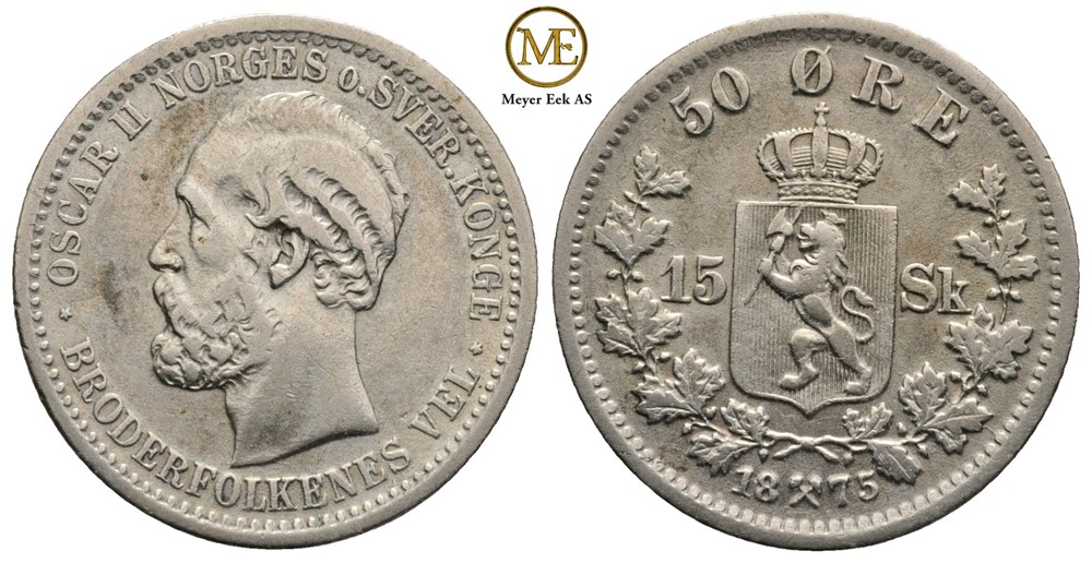 50 øre/15 Skilling 1875 Oscar II. Kv.1+