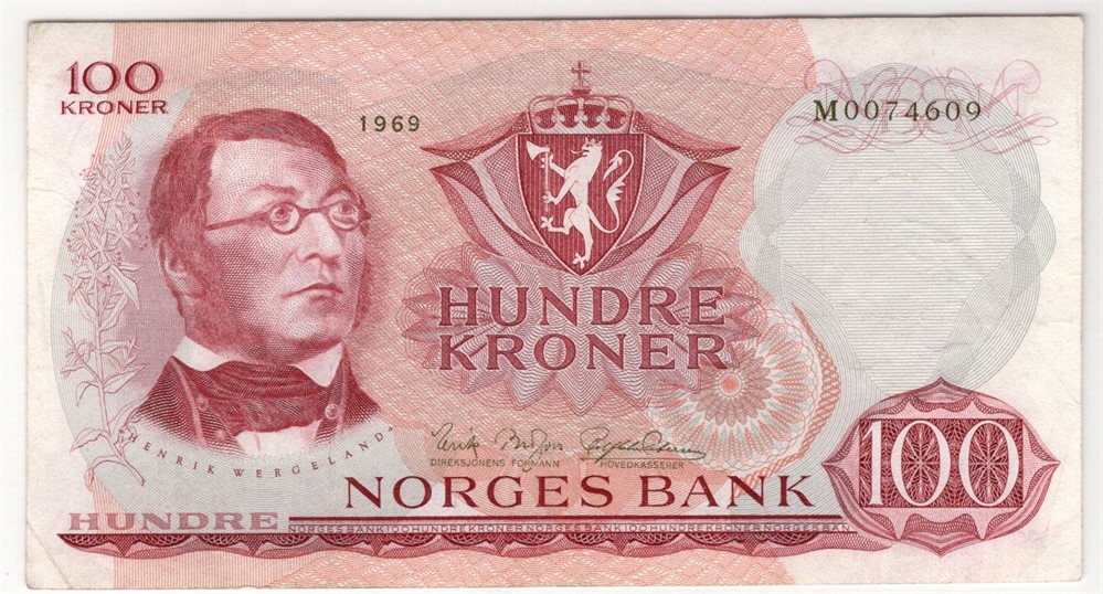 100 kroner 1969 M. Lavt opplag. Kv.1+