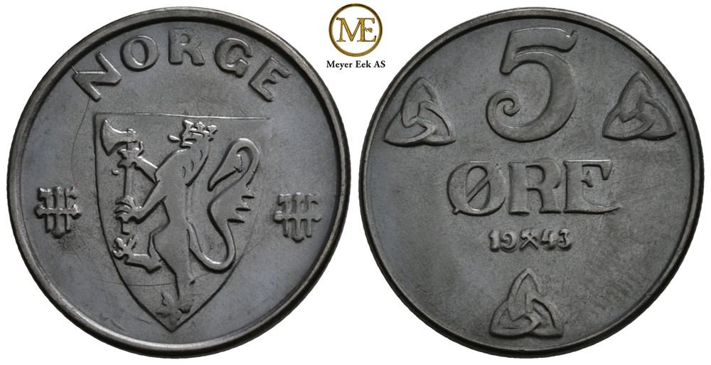 5 øre 1943 Haakon VII. Kv.0