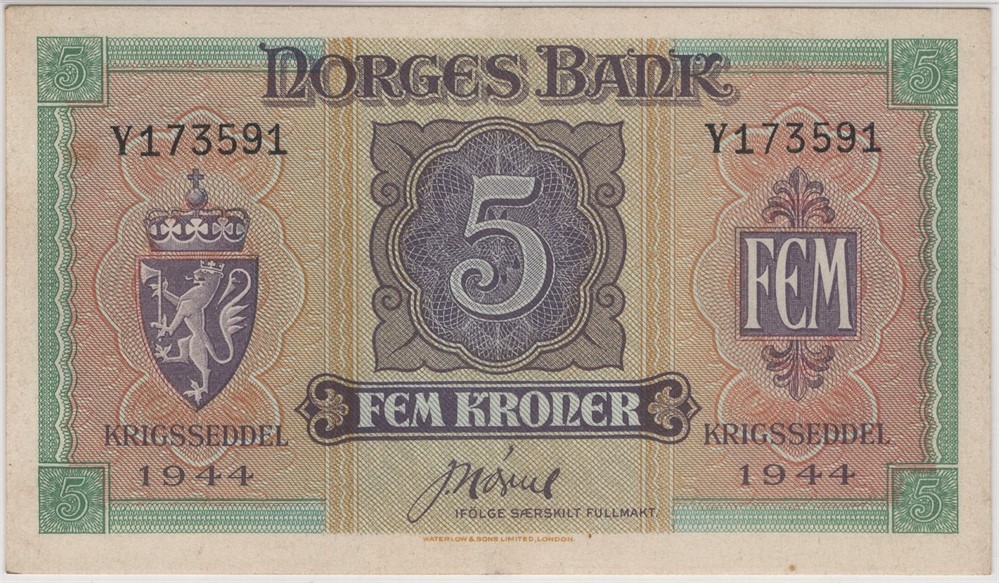 5 kroner 1944 Y.173591 London utg. Kv.01