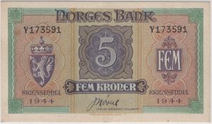 5 kroner 1944 Y.173591 London utg. Kv.01