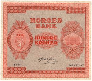 100 kroner 1945 A.4747677. Kv.1+/01