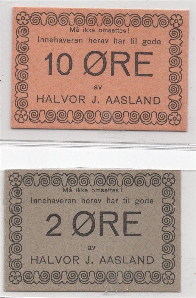 Kredittmerke 2 øre og 10 øre Halvo J. Aasland. Kv.0