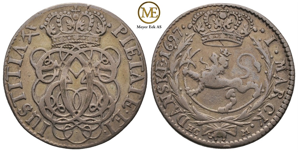 Mark/16 skilling 1697 Christian V. Kv.1+