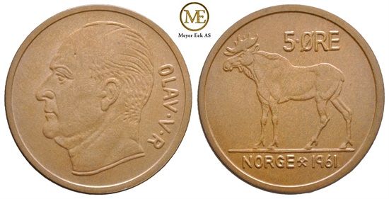 5 øre 1961 Olav V. Kv.0