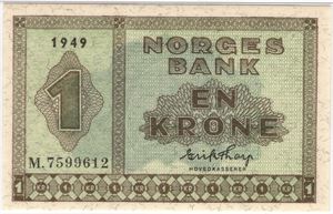 1 krone 1949 M.7599612. 65 EPQ. Kv.0