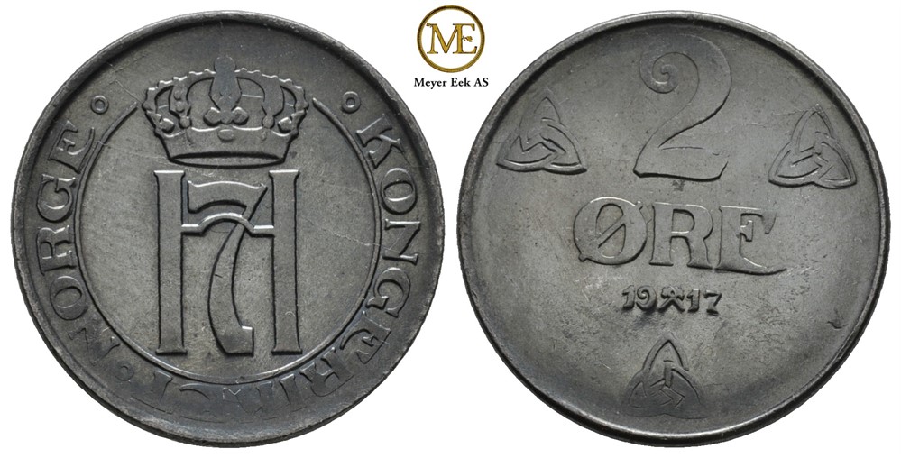 2 øre 1917 Haakon VII. Dobbel strek. Kv.0