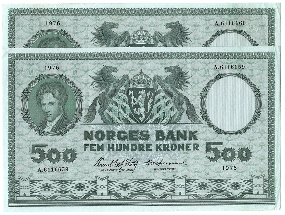 500 kroner 1976 A.6116659-60 i serie. Kv.1/1+