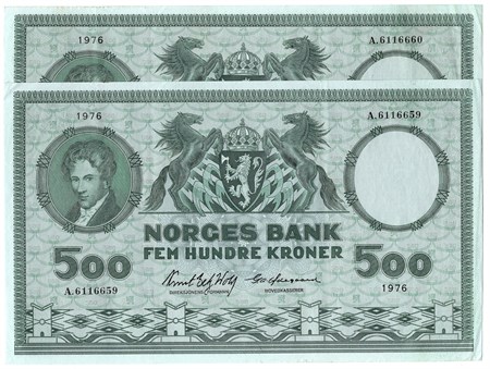 500 kroner 1976 A.6116659-60 i serie. Kv.1/1+