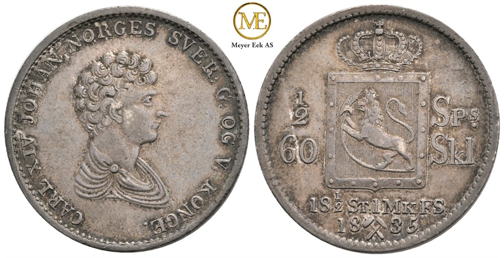 1/2 speciedaler 1835 Carl XIV Johan. Kv.1+/01