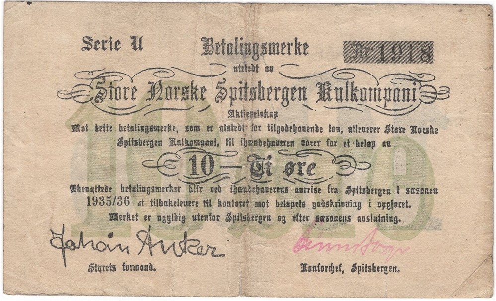 10 øre 1935/36 U. SN Spitsbergen. Kv.1-