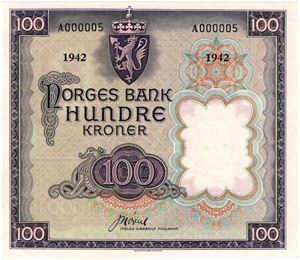 100 kroner 1942 London. A.000005.  Svært sjelden. Kv.0/01