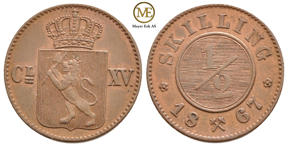 1/2 skilling 1867 Carl XV. NM.24. Kv.01