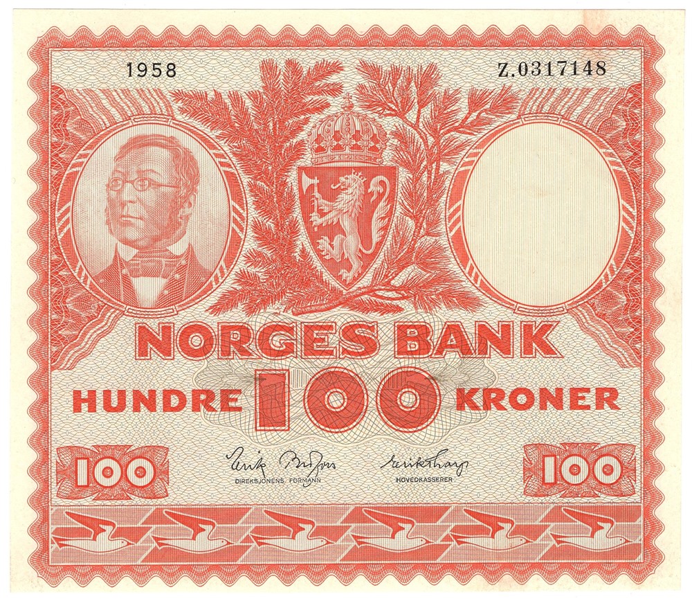 100 kroner 1958 Z.0317148. Erstatningsseddel. SS-seddel. Kv.0