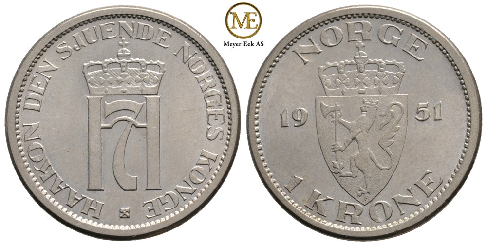 1 krone 1951 Haakon VII. Prakt eksemplar