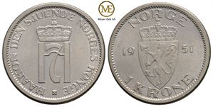 1 krone 1951 Haakon VII. Prakt eksemplar