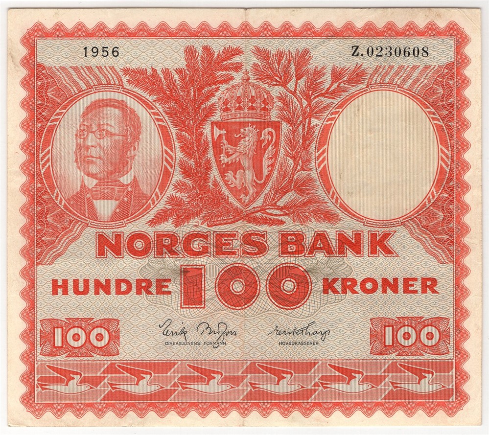 100 kroner 1956 Z.0230608. Erstatningsseddel. R-seddel. Kv.1/1+
