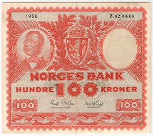 100 kroner 1956 Z.0230608. Erstatningsseddel. R-seddel. Kv.1/1+