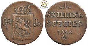 1 skilling 1825 Carl XIV Johan. Svært sjelden. Kv.1+