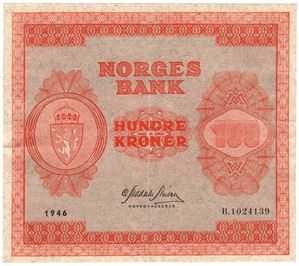100 kroner 1946 B.1024139. Kv.1+