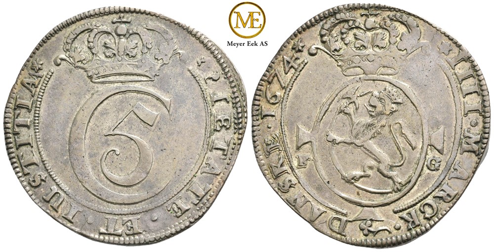 4 mark 1674 Christian V. Kv.1+/01